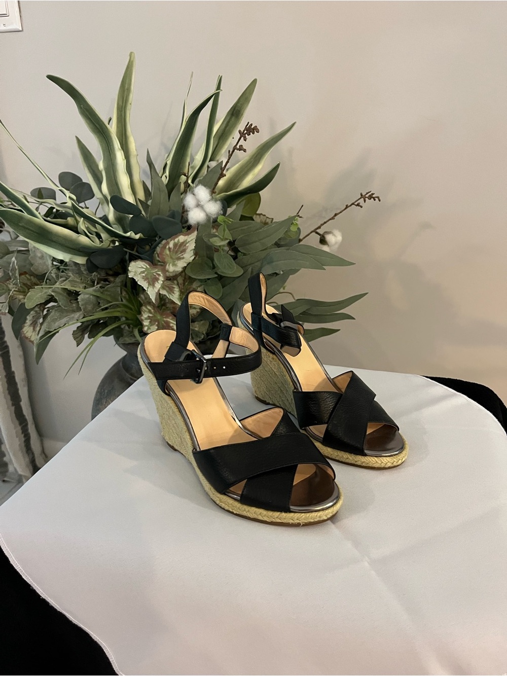 Cole Haan Black Espadrille Wedge Sandals with Ankle Strap